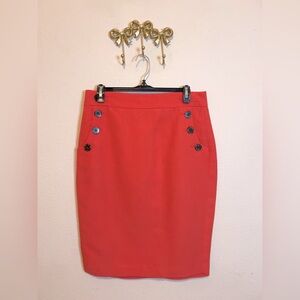 LOFT Orange/Red Knee-Length Pencil Skirt with brown buttons on each side. Size 6